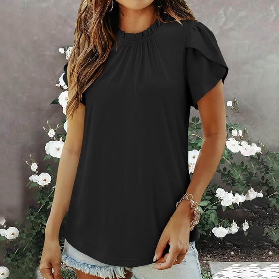 QUNYINEY Solid Summer Tops for Women Casual Crew Neck Short Sleeve Shirts Pleated Loose Pullover Tops