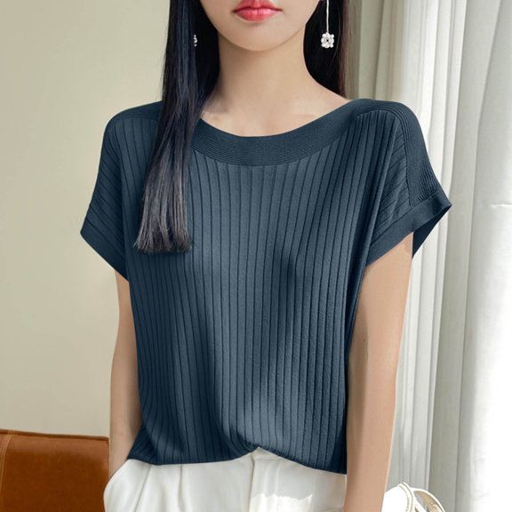 QUNYINEY Solid Summer Tops for Women Pullover Crew Neck Casual Short Sleeve Shirts Ribbed Knit Loose Womens Shirts