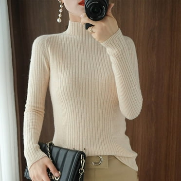 QUNYINEY Solid Sweater Women Ribbed Knit Pullover Beige Mock Neck Tops Long Sleeve Loose Casual Sweaters