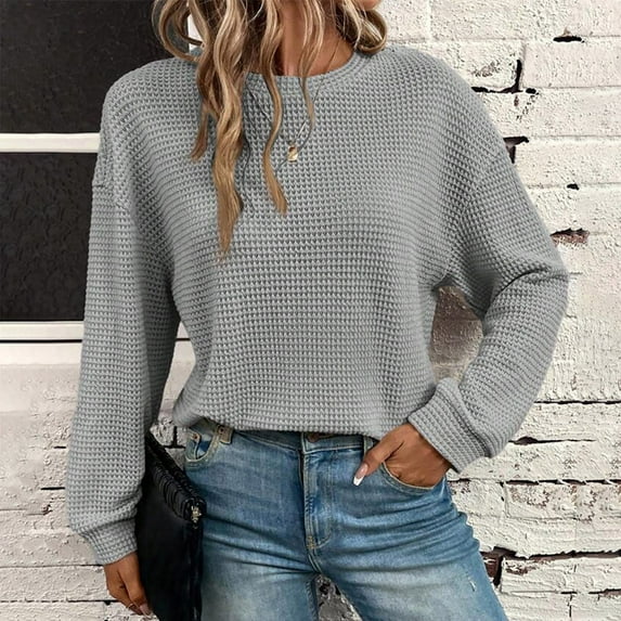 QUNYINEY Solid T Shirts for Women Crew Neck Gray Casual Long Sleeve Tops Drop Shoulder Waffle Pullover Loose T-Shirts