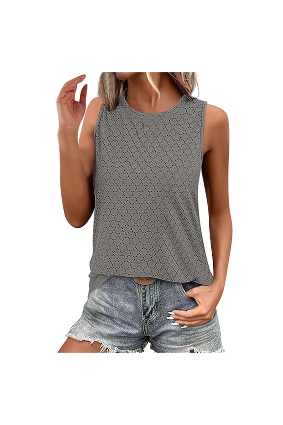 Solid Tank Top Women Sleeveless Crewneck Casual Muscle Shirts Summer Loose Cut Out Tank Tops