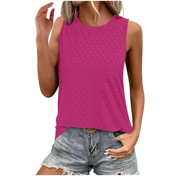 QUNYINEY Solid Tank Tops Women Casual Muscle Crewneck Sleeveless Shirts Cut Out Summer Loose Tank Tops