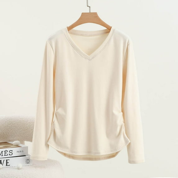QUNYINEY Solid Tshirts Shirts for Women Beige Casual Long Sleeve V-Neck Undershirt Pullover Soft Loose Drop Shoulder T-Shirts Womens Tops