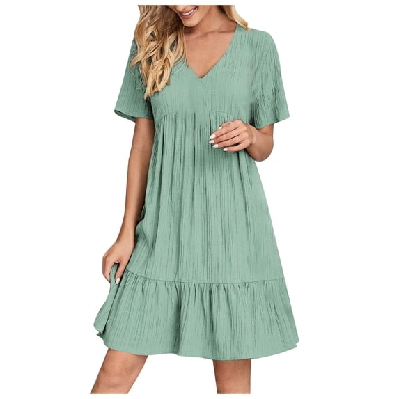 QUNYINEY Solid Women Dresses Summer A Line Short Sleeve Midi Dresses V-Neck Flowy Pleated Loose Fit Dresses