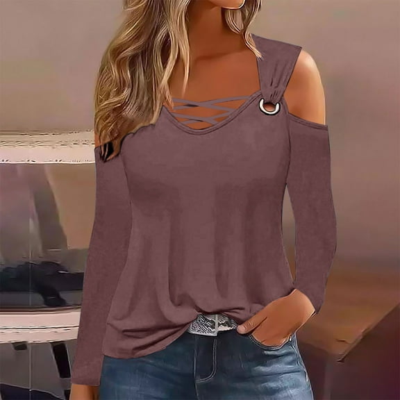 QUNYINEY Solid Women Shirts Long Sleeve Brown V-Neck Casual Tops Cut Out Pullover Loose Cold Shoulder T-Shirts