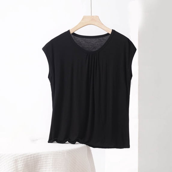 QUNYINEY Solid Women Shirts Sleeveless Crew Neck Casual Tops Loose Pleated Soft Pullover Shirts