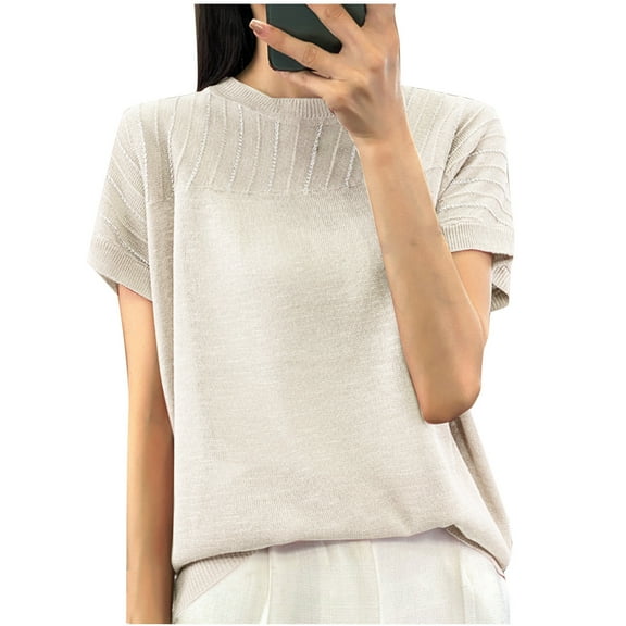 QUNYINEY Solid Women Tops Casual Short Sleeve Pullover Crew Neck Shirts Loose Ribbed Knit Women Shirts