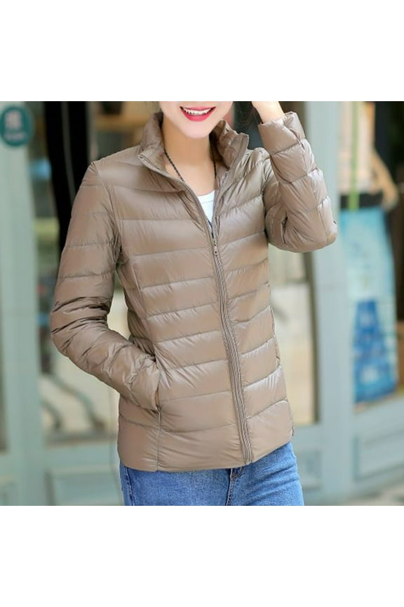 Solid Women's Jackets Puffer Casual Zip Up Lightweight Jacket Warm Slim Long Sleeve Stand Collar Short Hoodless Coats