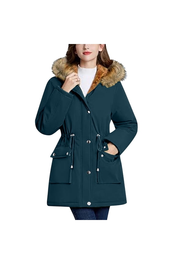Solid Women's Jackets Blue Fleece Winter Zip Up Coat Warm Waterproof with Fur Removable Hood Outerwear Jackets