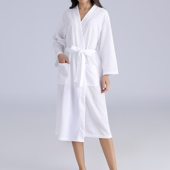 QUNYINEY Solid Women's Robe White Long Waffle Bathrobe Sleepwear V Neck Heavyweight Long Sleeve with Pocket Belt Loungewear