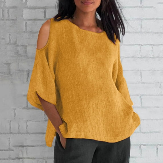 QUNYINEY Solid Women's Tops Cold Shoulder Casual Crew Neck Blouses Loose Cotton Linen Short Sleeve Pullover Tops