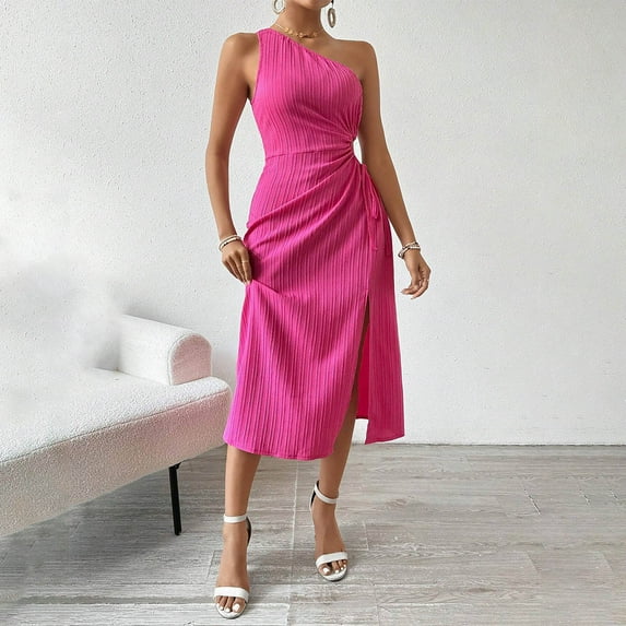 QUNYINEY Solid Womens Dress Sleeveless Casual Sheath Dress Split Hem One Shoulder Cut Out Midi Dresses