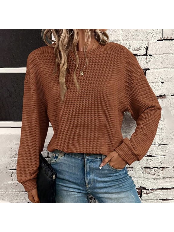 Solid Womens Shirts Brown Casual Crew Neck Long Sleeve Tops Waffle Drop Shoulder Pullover Loose T-Shirts