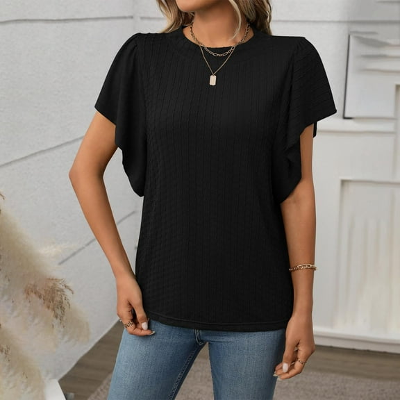 QUNYINEY Solid Womens Spring Tops Short Sleeve Casual Crew Neck Shirts Pullover Ribbed Knit Loose Tops