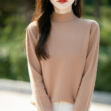 QUNYINEY Solid Womens Sweaters Fall Gold Pullover Mock Neck Knit Tops Long Sleeve Loose Plaid Casual Sweaters
