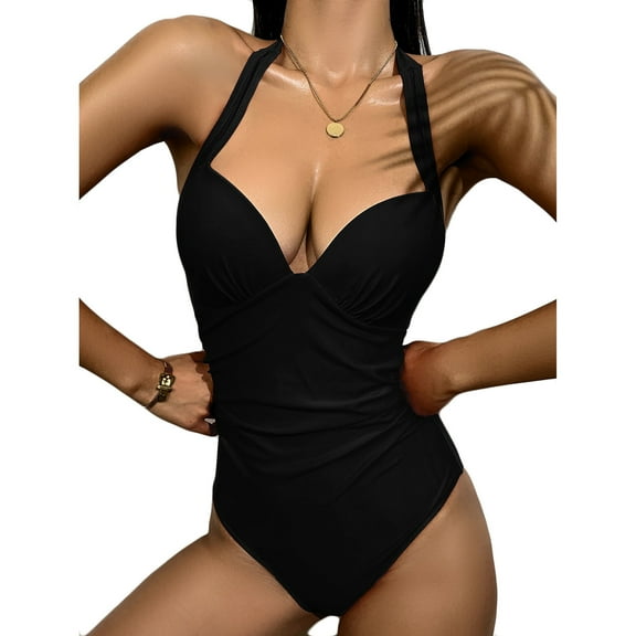 QUNYINEY Solid Womens Swimsuits One Piece Standard Straps Bathing Suit Ruched Tummy Control Swimwear