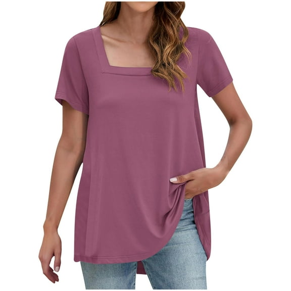 QUNYINEY Solid Womens Tops Casual Pullover Square Neck Short Sleeve Shirts Loose Shirts for Women