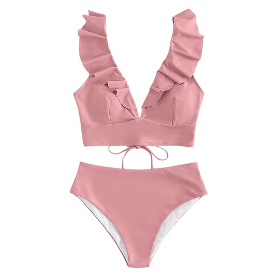 QUNYINEY Spaghetti Straps Swimsuit Women Solid Bikinis Ruffle Bathing Suit Two Piece High Waisted Swimsuit Sets
