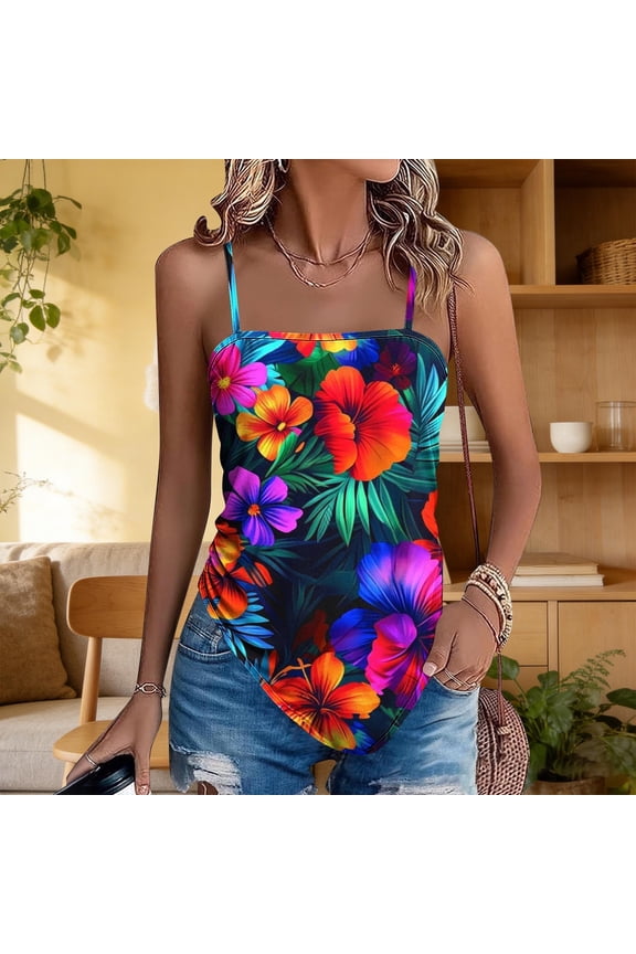 Women Tank Tops Hawaiian Camisole Summer Tops Square Neckline Sleeveless Beach Loose Fit Vacation Shirts for Women