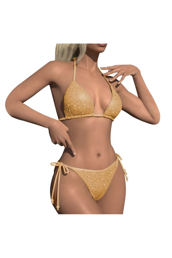 Spaghetti Straps Women's Swimwear Sequin Bikinis Bathing Suit Triangle Two Piece Swimsuit Sets