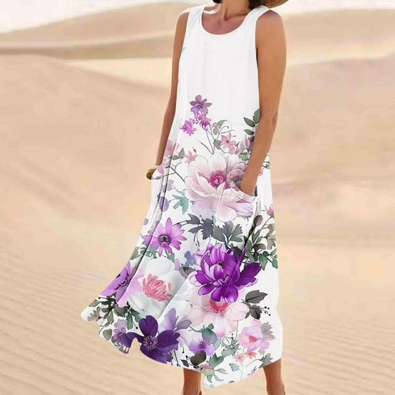 QUNYINEY Spring Dresses for Women 2025 Casual Floral Sleeveless A-Line Dress with Pockets Cotton Linen Crew Neck Maxi Sundress