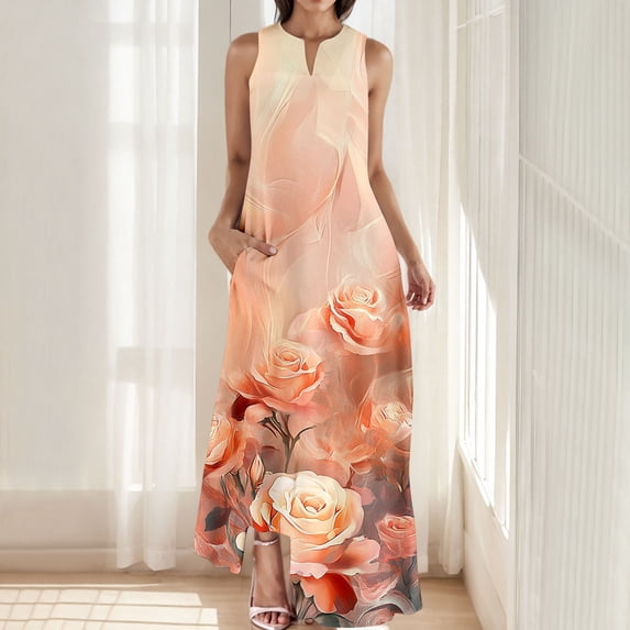 QUNYINEY Spring Dresses for Women 2025 Casual Floral Sleeveless A-Line Dress with Pockets V Neck Flowy Maxi Sundress