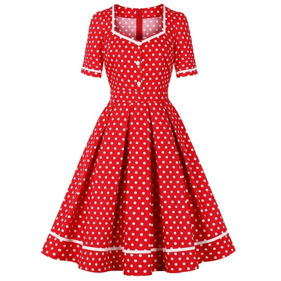 QUNYINEY Spring Dresses for Women 2025 Short Sleeve Casual Polka Dot A-Line Dress V Neck Button Empire Waist Midi Dresses