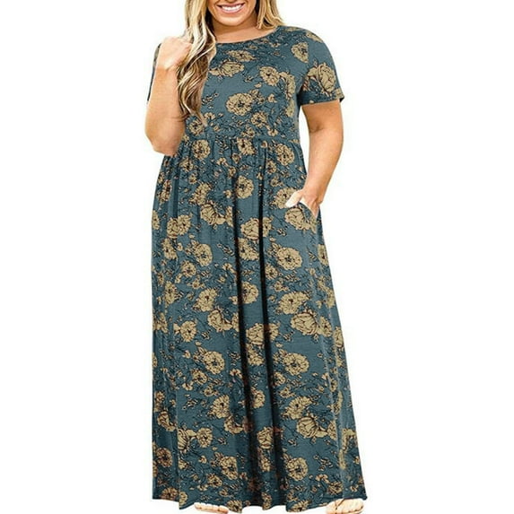 QUNYINEY Spring Dresses for Women Casual Short Sleeve Floral A-Line Dress Crew Neck Empire Waist Plus Size Maxi Sundress