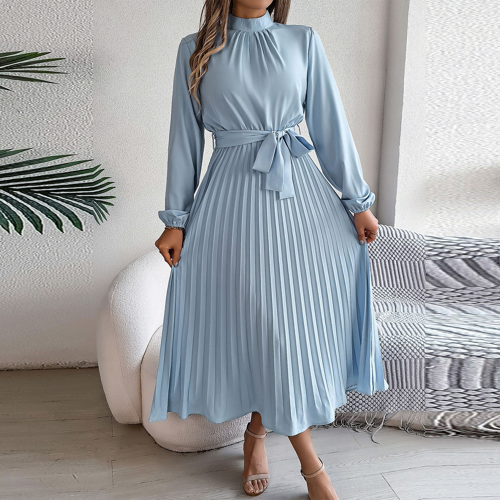 QUNYINEY Spring Dresses for Women Casual Solid Long Sleeve A-Line Dress  Mock Neck Pleated Front Tie Maxi Dresses - Walmart.com