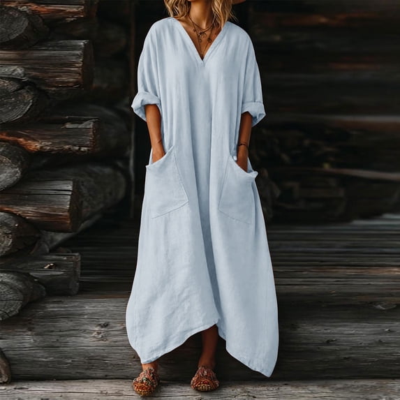 QUNYINEY Spring Dresses for Women Cotton Linen Blue 3/4 Sleeve Long A Line Dress Flowy Loose Fit Casual with Pockets V Neck Dresses
