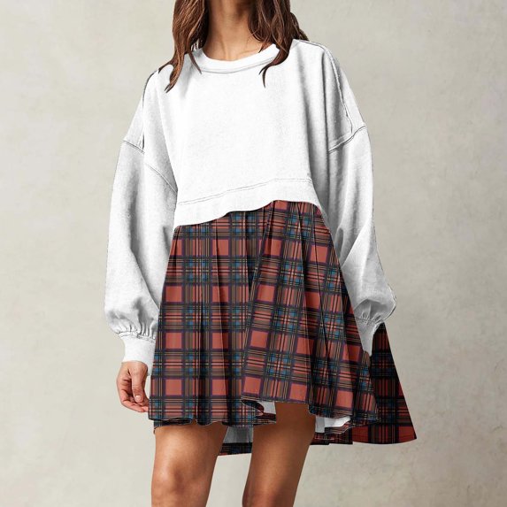QUNYINEY Spring Dresses for Women Plaid Casual Long Sleeve Twofer Dress Flowy Crew Neck Mini Ball Gown Dress