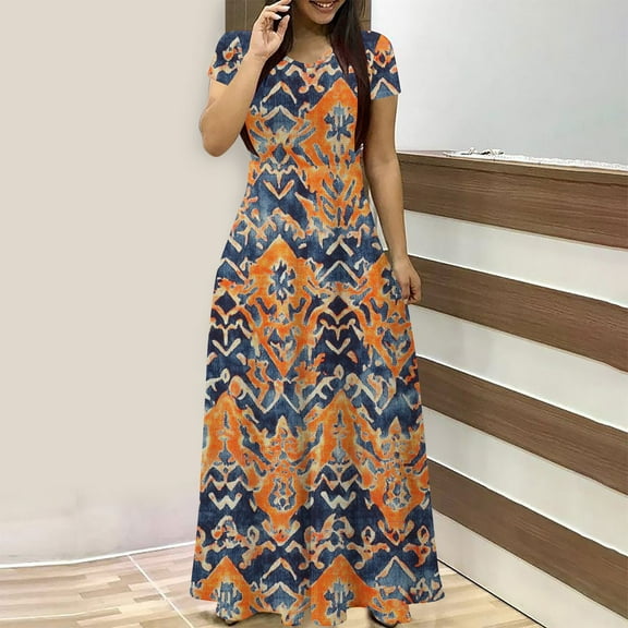 QUNYINEY Spring Dresses for Women Short Sleeve Casual Vintage A-Line Dress Empire Waist Flowy Crew Neck Maxi Sundress