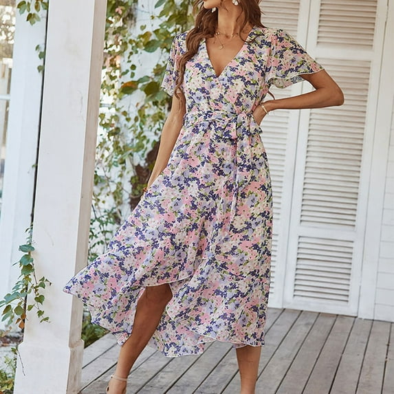 QUNYINEY Spring Dresses for Women Short Sleeve Floral Casual A-Line Dress Tie Front Flowy V Neck Maxi Dresses