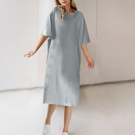 QUNYINEY Spring Dresses for Women Short Sleeve Solid Casual Tent Dress Crew Neck Midi Sundress