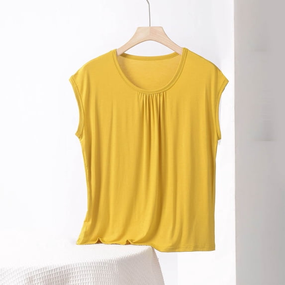 QUNYINEY Spring Shirts for Women 2025 Casual Sleeveless Solid Crew Neck Tops Pleated Soft Pullover Loose Shirts