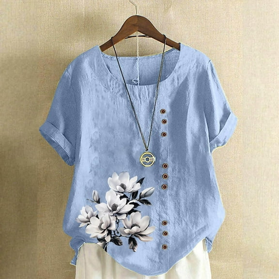 QUNYINEY Spring Tops for Women Short Sleeve Casual Floral Crew Neck Shirts Linen Loose Pullover Button Tops