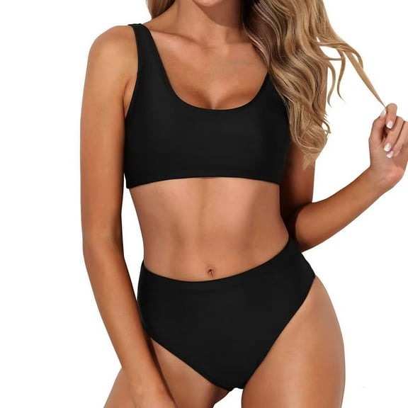 QUNYINEY Square Neck Swim Suits for Women Standard Straps Bikinis Solid Bathing Suit Two Piece High Waisted Swimsuit Sets