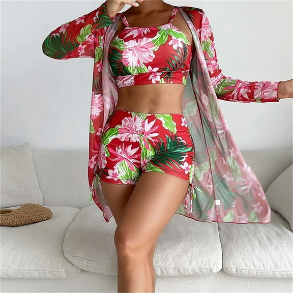 QUNYINEY Square Neck Tankini Swimsuits for Women Hawaiian Spaghetti Straps Bathing Suit Three Piece High Waisted Swimsuit Sets