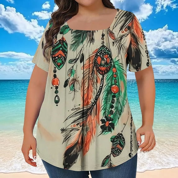 QUNYINEY Square Neck Tops for Women Trendy Vintage Short Sleeve Casual Shirts Pullover Pleated Loose Plus Size Women's Shirts