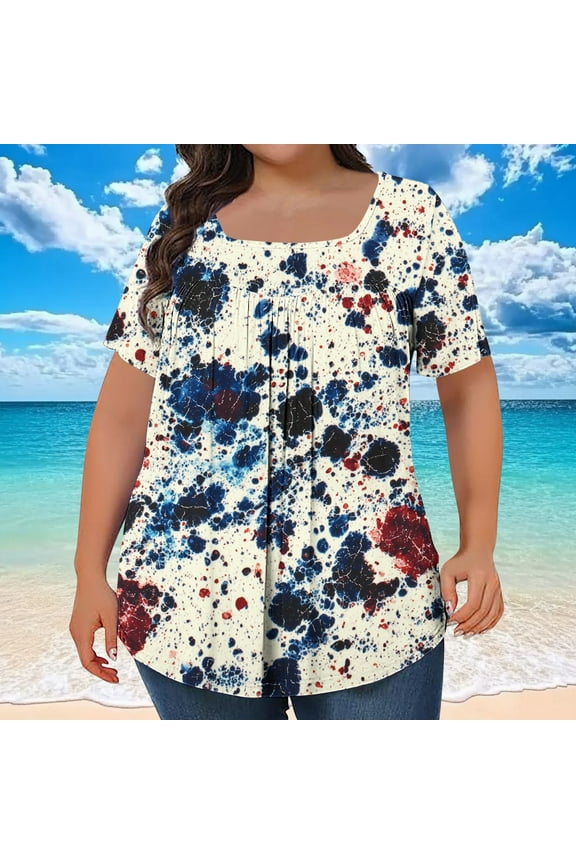 Square Neck Women Tops Casual Floral Short Sleeve Shirts Plus Size Pullover Pleated Loose Women's Shirts
