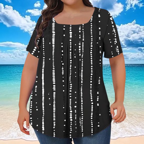QUNYINEY Square Neck Women's Tops Polka Dot Casual Short Sleeve Shirts Plus Size Loose Pleated Pullover Shirts for Women