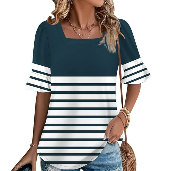 QUNYINEY Square Neck Womens Summer Tops Striped Casual Short Sleeve Shirts Loose Pullover Women's Shirts