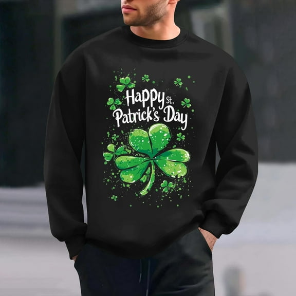 QUNYINEY St Patricks Day Sweatshirt for Men Long Sleeve Black Casual Crew Neck Tops Pullover Drop Shoulder Loose Sweatshirts