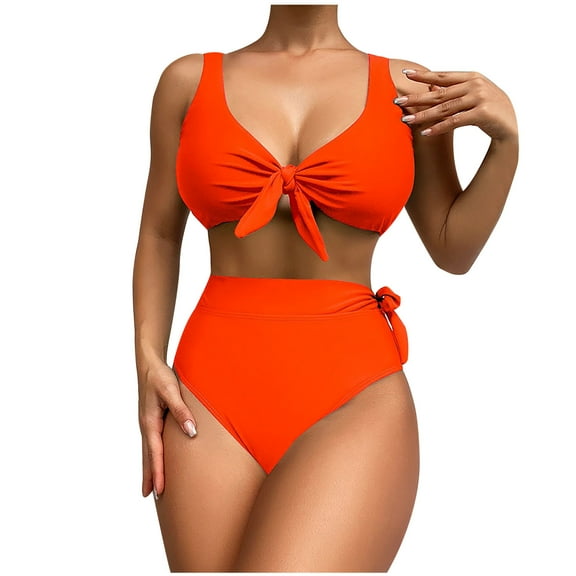 QUNYINEY Standard Straps Swimming Suits for Women V Neck Bikinis Solid Bathing Suit High Waisted Two Piece Swimsuit Sets
