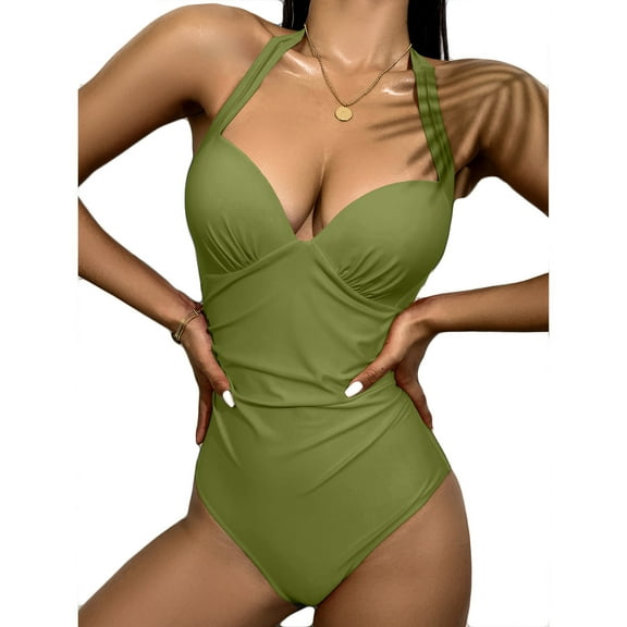 QUNYINEY Standard Straps Womens One Piece Swimsuits Solid Bathing Suit Ruched Tummy Control Swimwear
