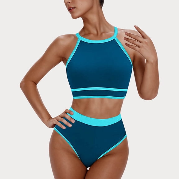 QUNYINEY Standard Straps Womens Swimsuits Tankini Colorblock Crew Neck Bathing Suit High Waisted Two Piece Swimsuit Sets