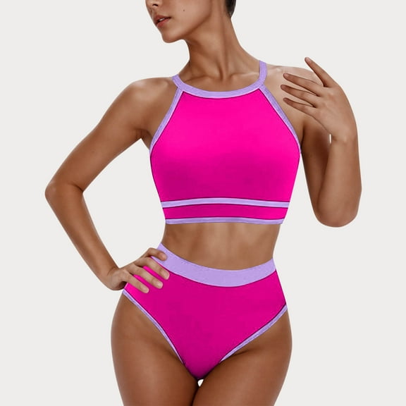 QUNYINEY Standard Straps Womens Swimsuits Tankini Colorblock Crew Neck Bathing Suit High Waisted Two Piece Swimsuit Sets