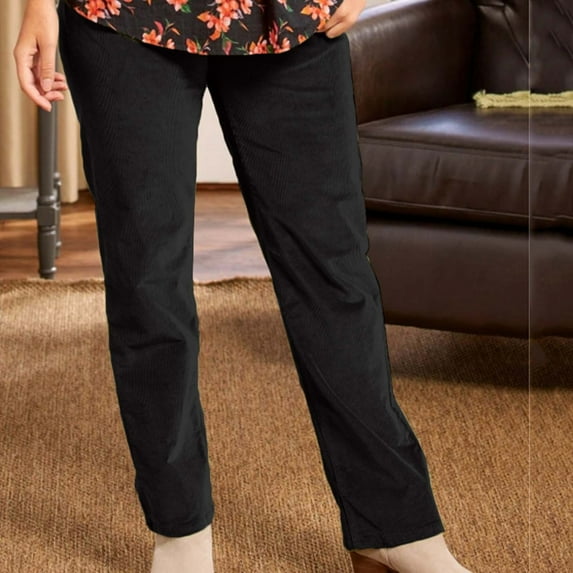 QUNYINEY Straight Leg Pants for Women Chinos Business Black Corduroy Casual Pant Elastic Waist Loose with Pockets Black Pants