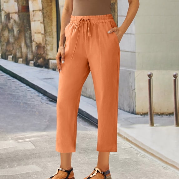 QUNYINEY Straight Womens Capris Cotton Linen High Waist Solid Casual Cropped Pant with Pockets Loose Drawstring Pants