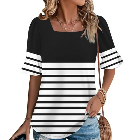 QUNYINEY Striped Summer Tops for Women Short Sleeve Casual Square Neck Shirts Loose Pullover Womens Shirts